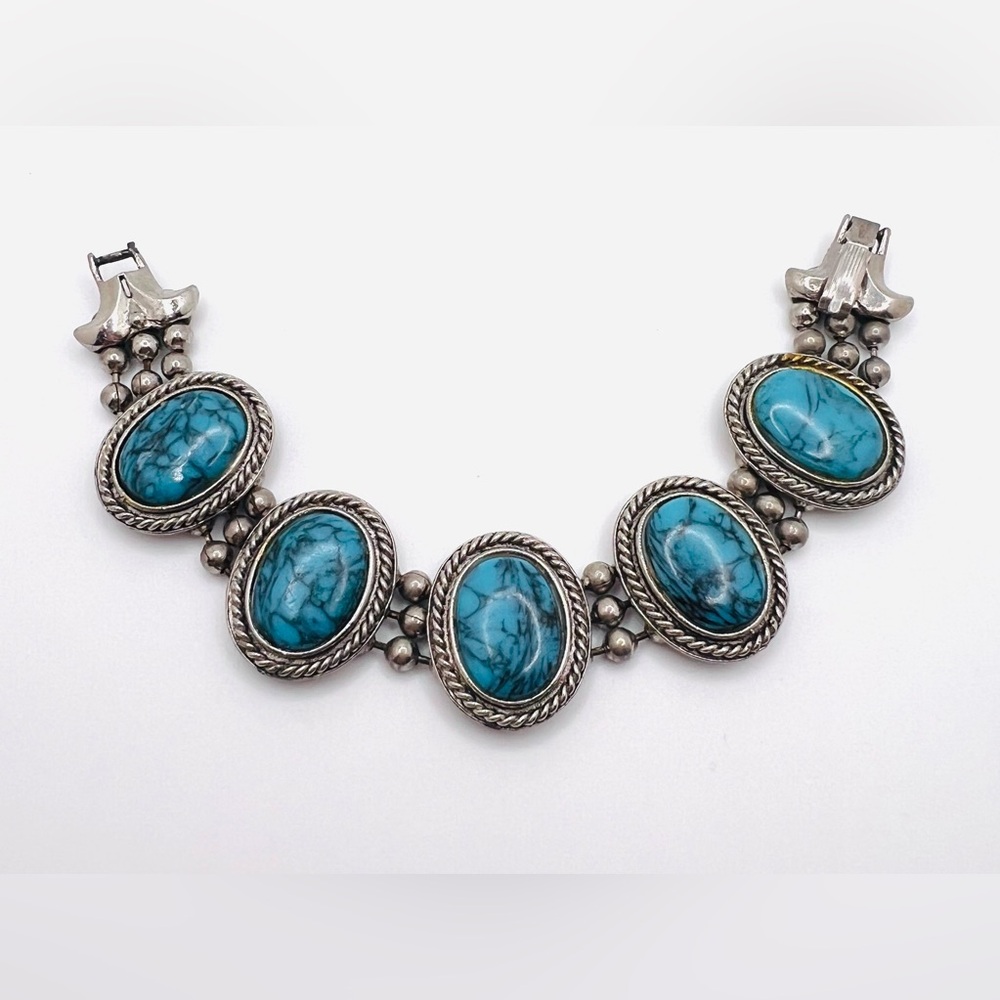 Vintage Goldette Silver Tone South Western Design Turquoise Ball Chain Bracelet
